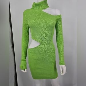 Neon Green One-Shoulder Cutout Bodycon Dress | Edgy MAY PINK Size L